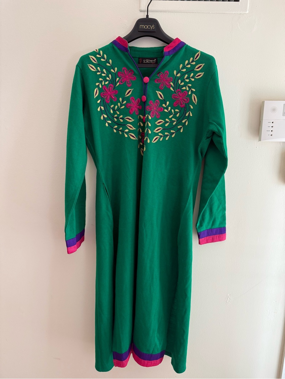 Green Embroidered Wool Kurta Dress with Pink Accents